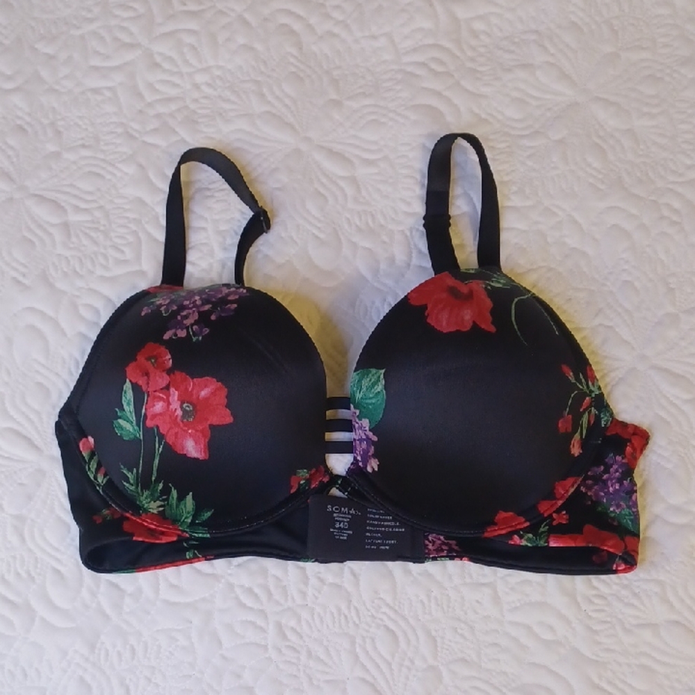 Soma Black and Red Floral Stunning Push Up Bra